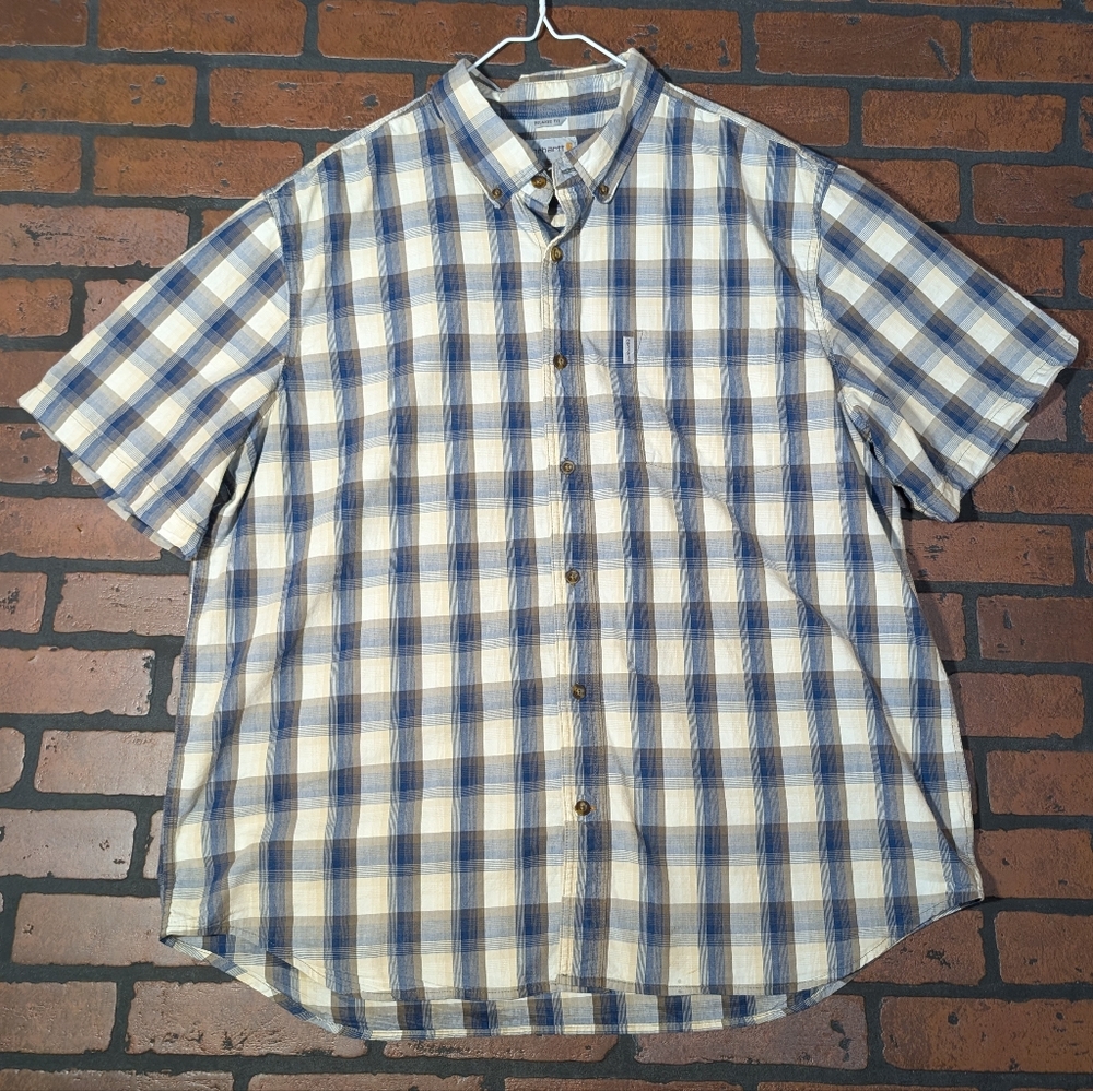 Carhartt Men's 2XL Grey Blue White Plaid‎ Button Down Work Shirt Casual - Picture 2 of 12